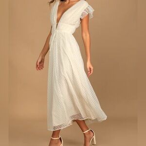 Lulus Yours Evermore Cream Swiss Dot Ruffled Midi Dress NWT